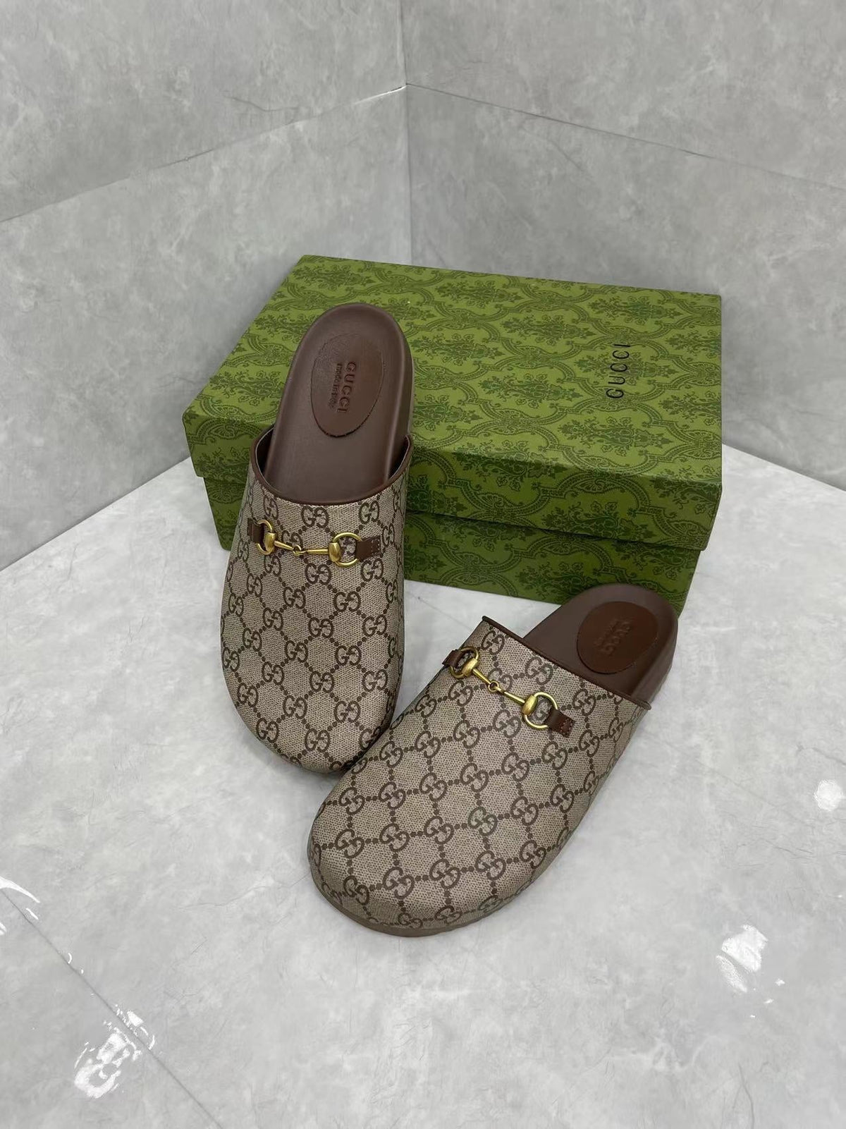 GG Horsebit Slippers Brown Cow Suede Embossed 280132