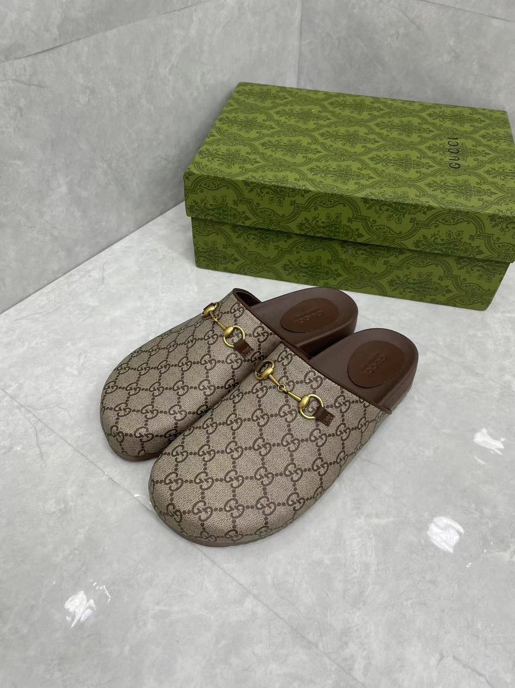 GG Horsebit Slippers Brown Cow Suede Embossed 280132