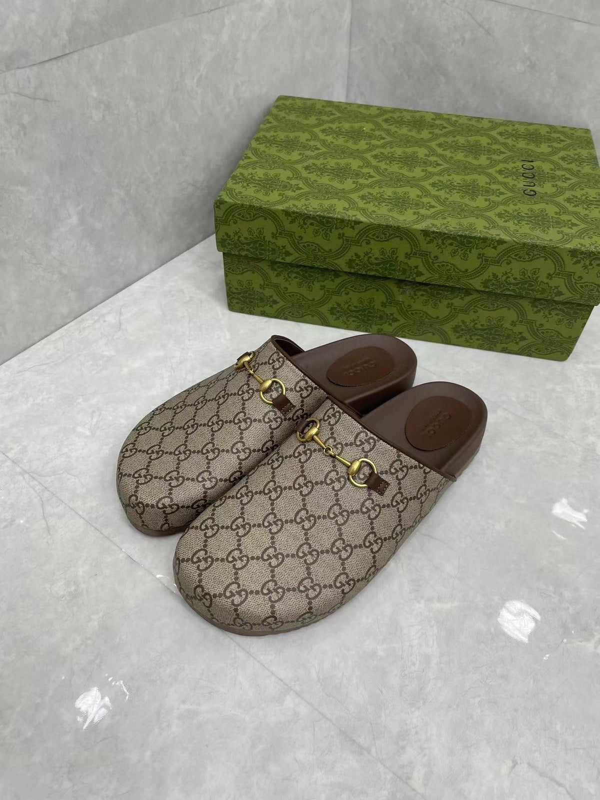 GG Horsebit Slippers Brown Cow Suede Embossed 280132