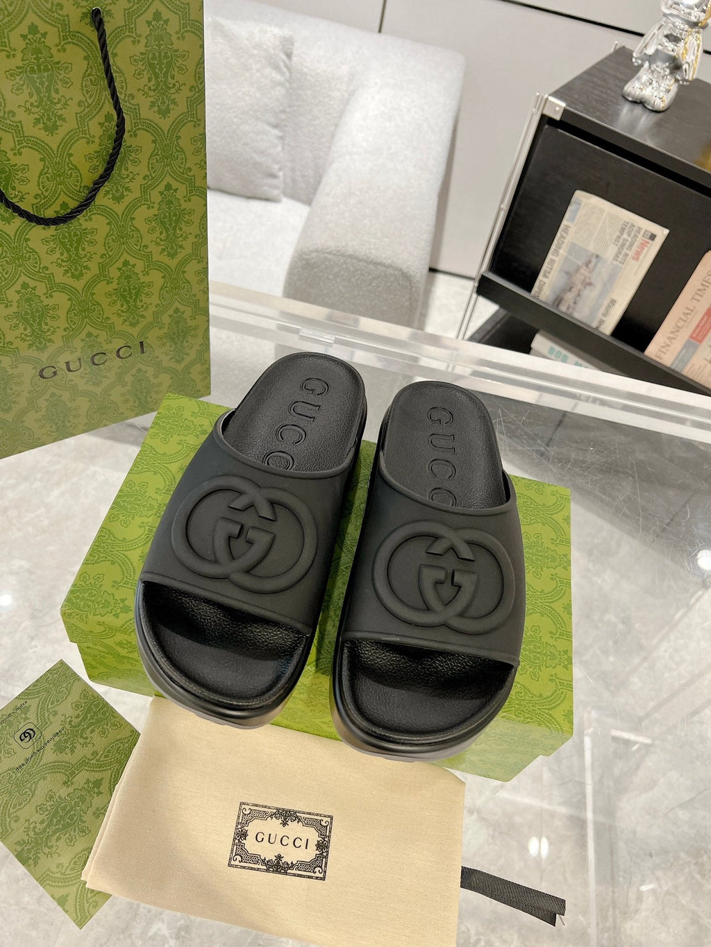 GC 25 Interlocking G 50mm Slide Sandal Black Cowhide 292380