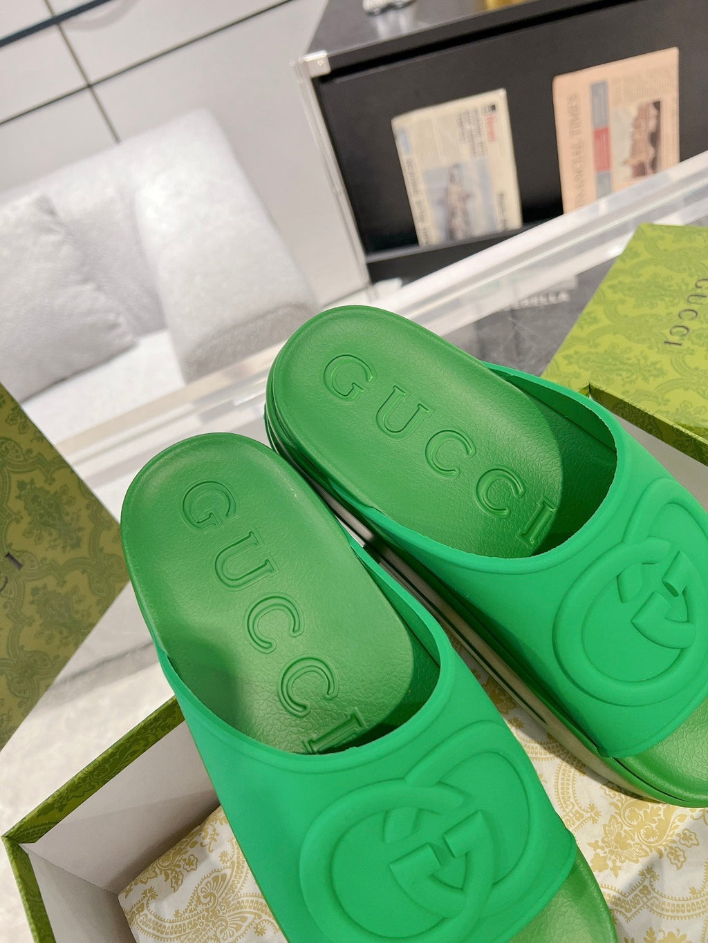GC 25 Interlocking G 50mm Slide Sandal Green Cowhide 292382
