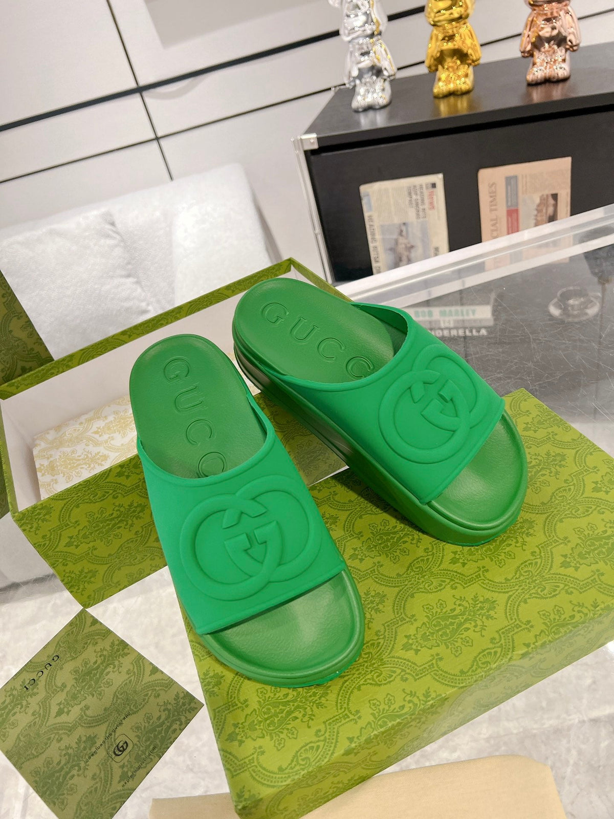 GC 25 Interlocking G 50mm Slide Sandal Green Cowhide 292382