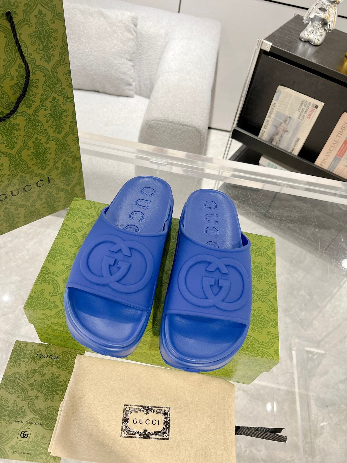 GC 25 Interlocking G 50mm Slide Sandal Blue Cowhide 292383