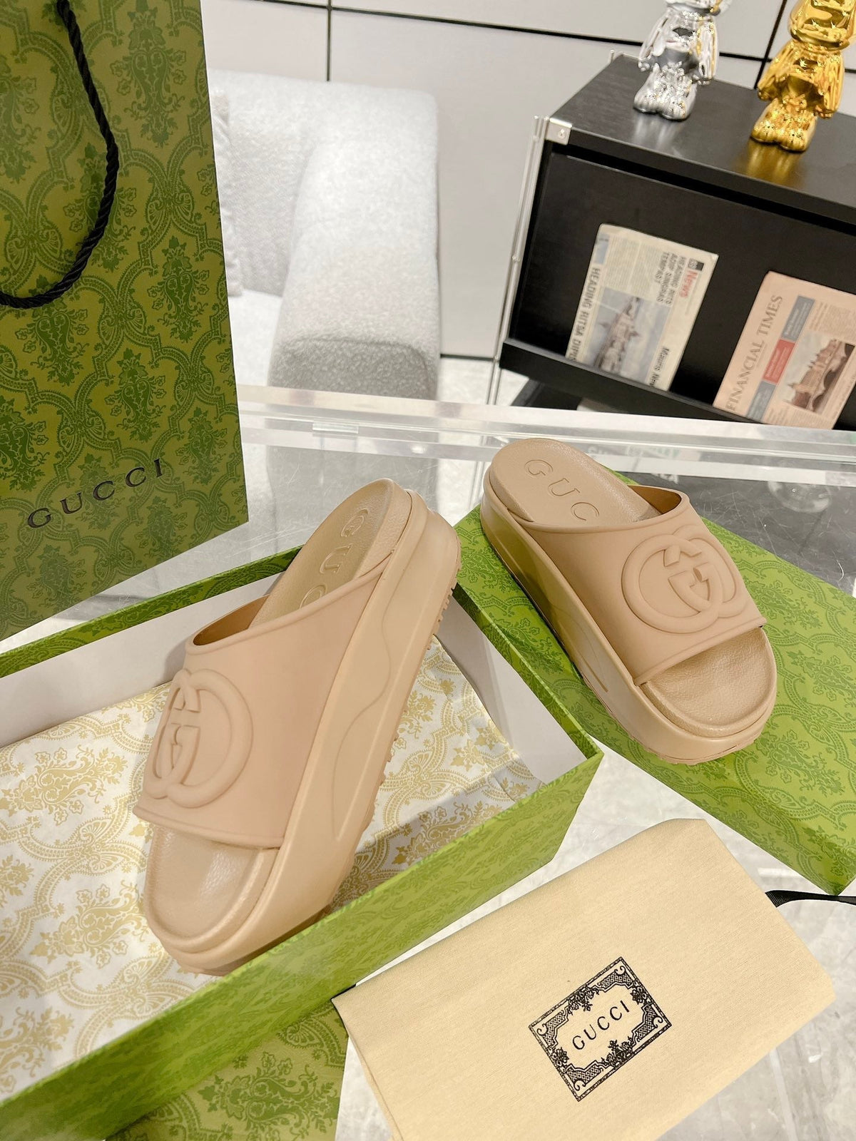 GC 25 Interlocking G 50mm Slide Sandal Beige Cowhide 292384