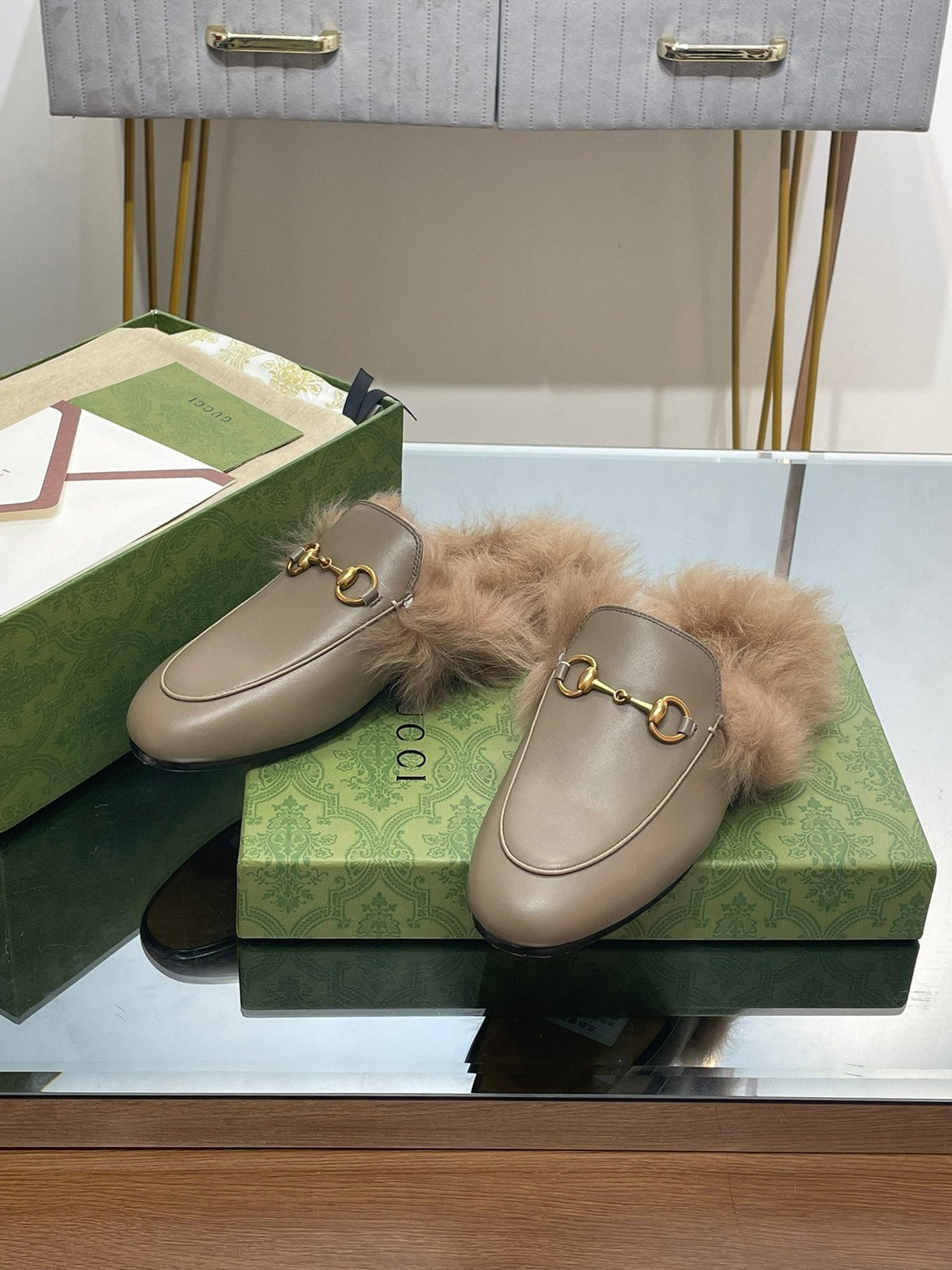 HORSEBIT MULE IN PEANUT BROWN CALFSKIN AND LAMB WOOL LINING