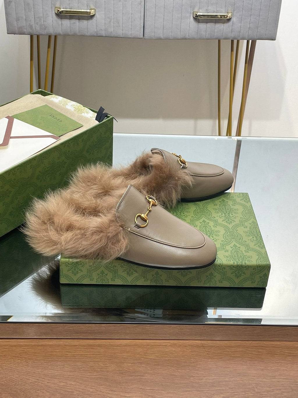 HORSEBIT MULE IN PEANUT BROWN CALFSKIN AND LAMB WOOL LINING