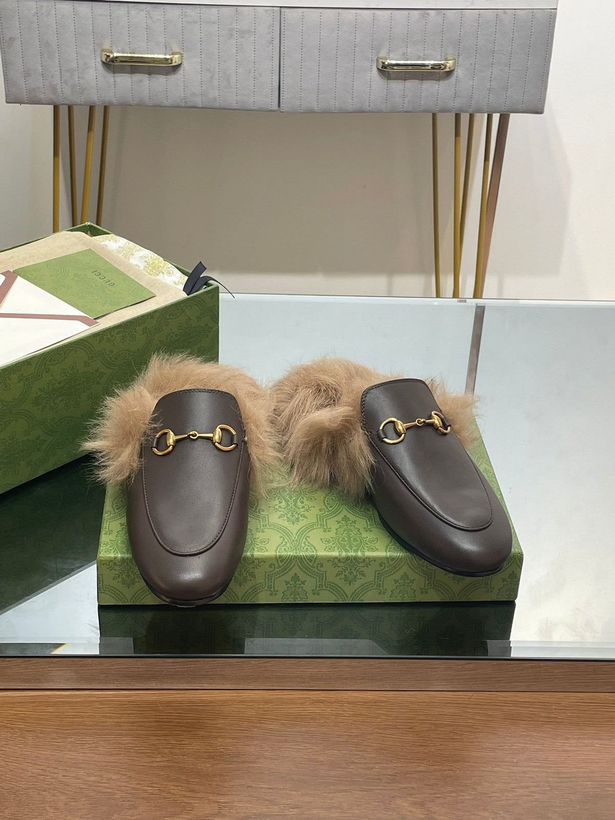HORSEBIT MULE IN MOCHA BROWN CALFSKIN AND LAMB WOOL LINING