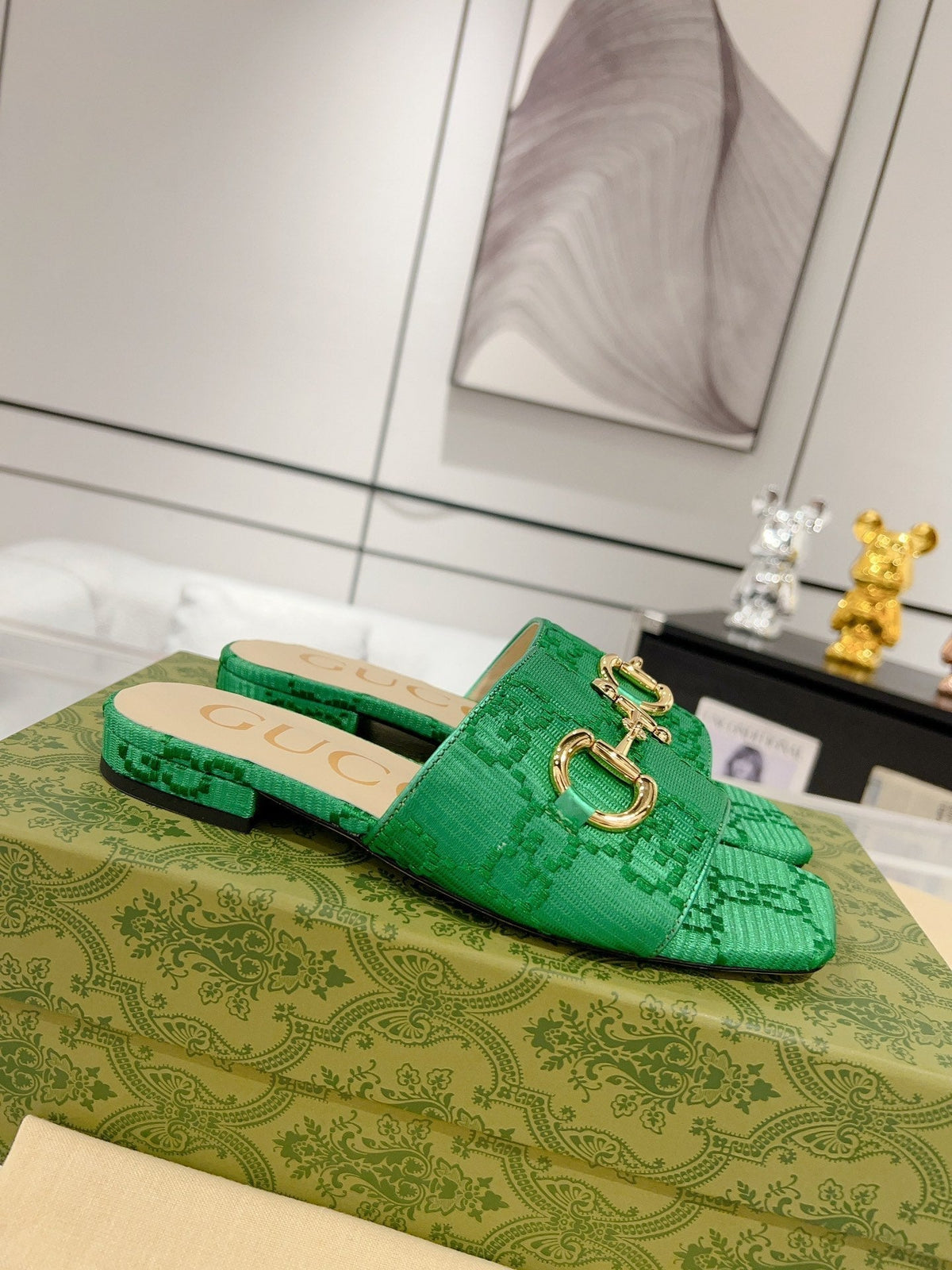 GG CHUNKY SLIDE SANDAL DARK GREEN CALFSKIN