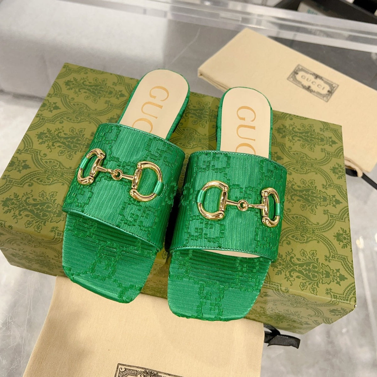 GG CHUNKY SLIDE SANDAL DARK GREEN CALFSKIN