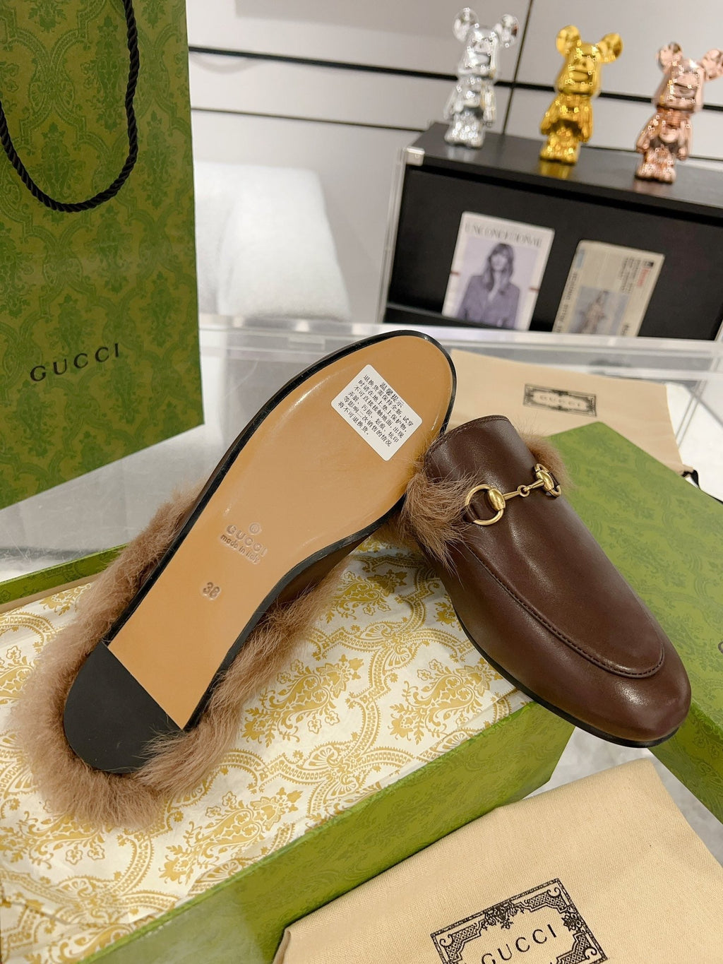 GG Princetown Slipper Brown Calfskin Tuscan Wool