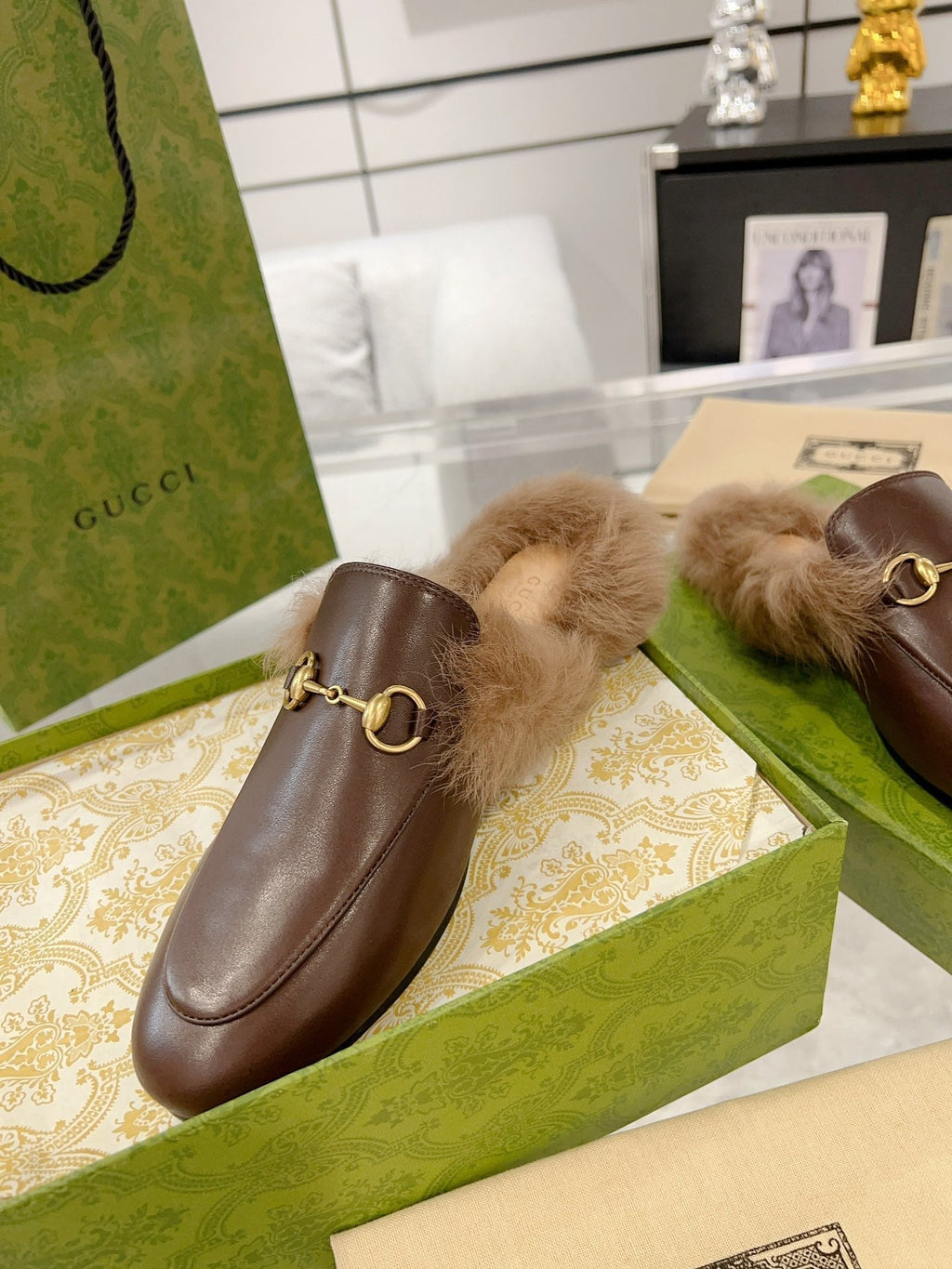 GG Princetown Slipper Brown Calfskin Tuscan Wool