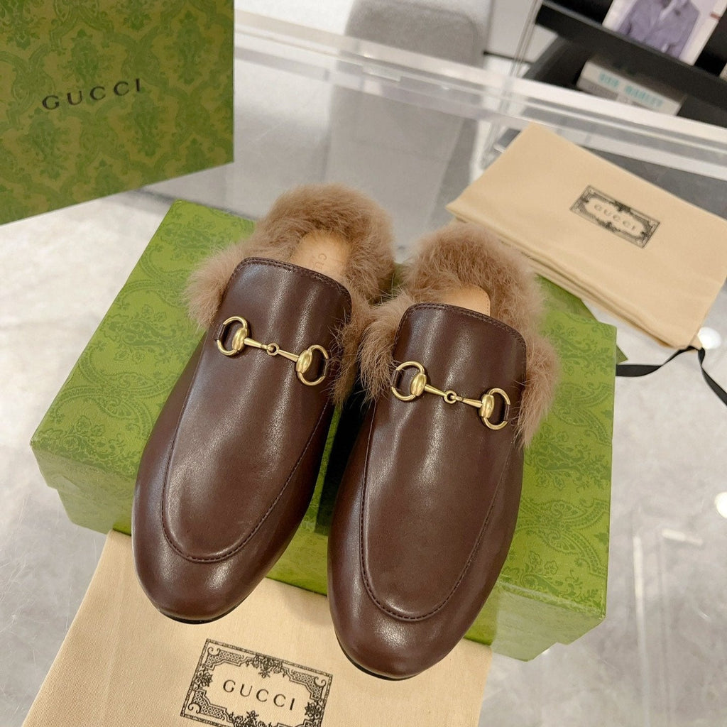 GG Princetown Slipper Brown Calfskin Tuscan Wool