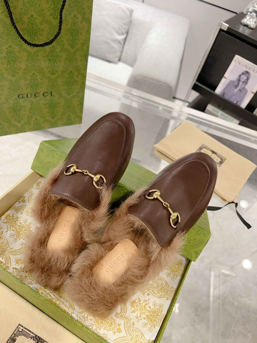 GG Princetown Slipper Brown Calfskin Tuscan Wool