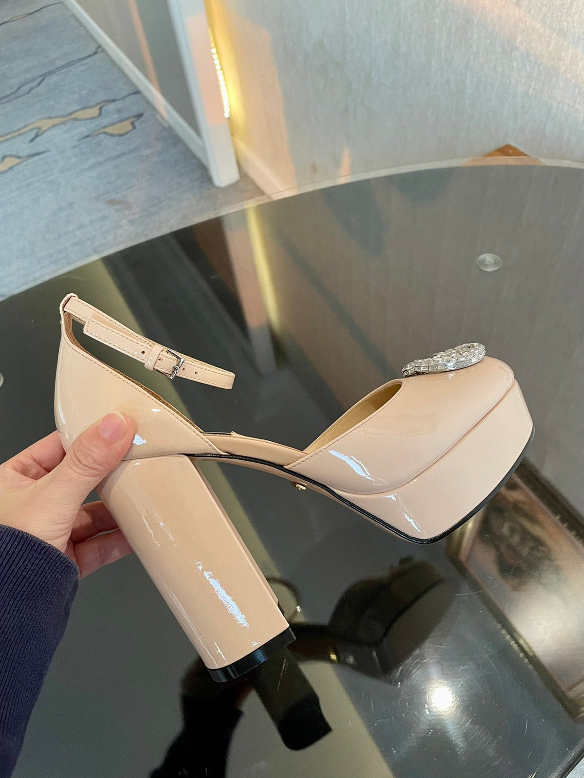 platform pump 12cm with double beige patent leather
