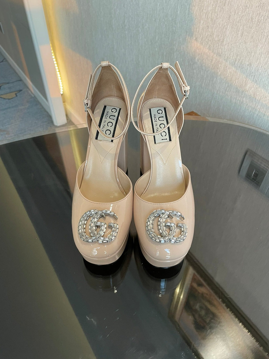 platform pump 12cm with double beige patent leather
