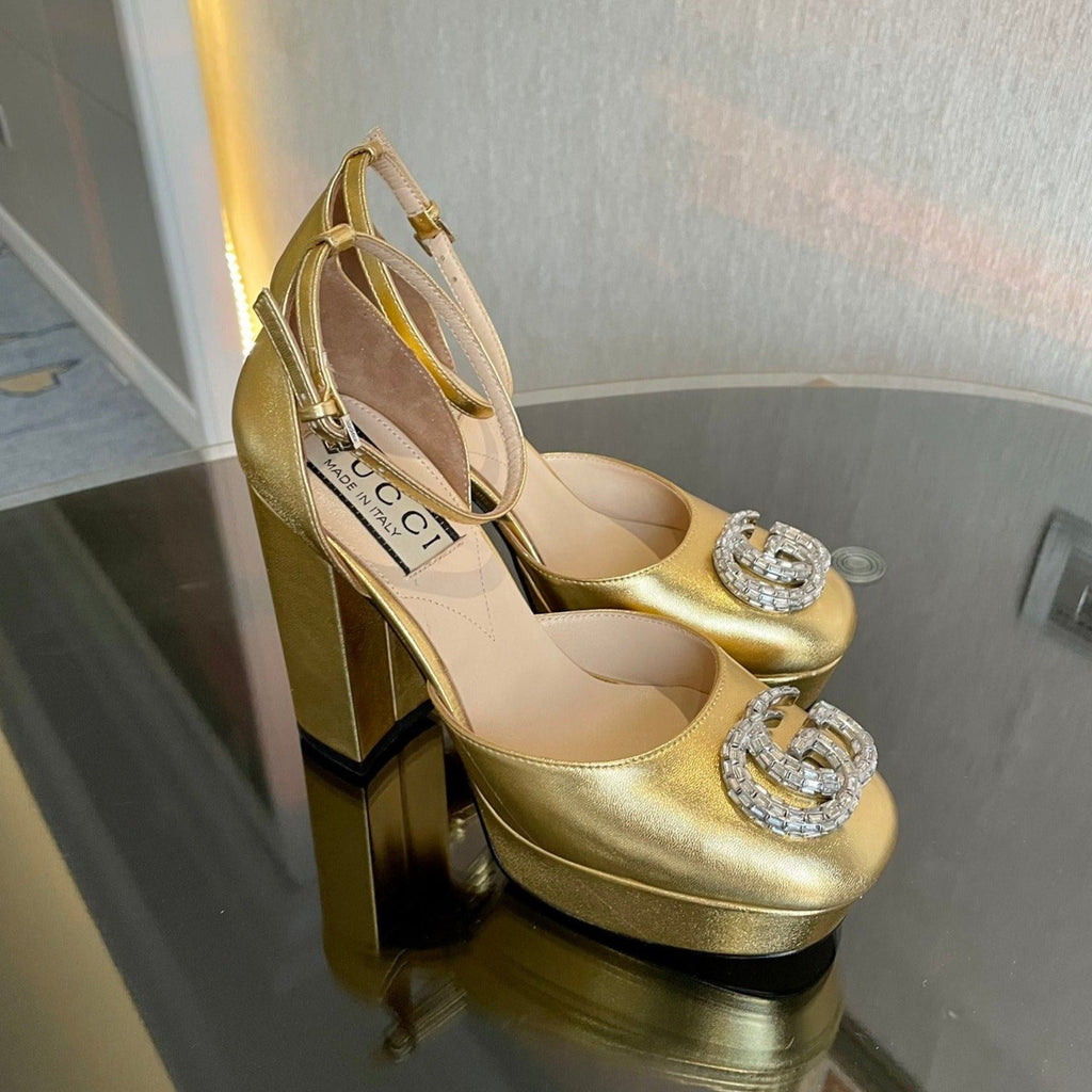 platform pump 12cm with double g gold metalic patent leather