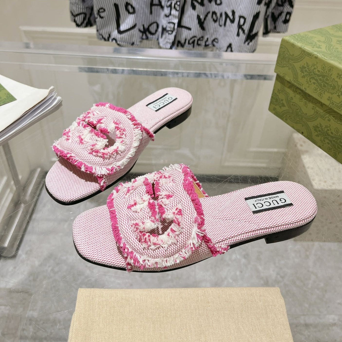 GG  Interlocking double G hollow slippers Neon pink