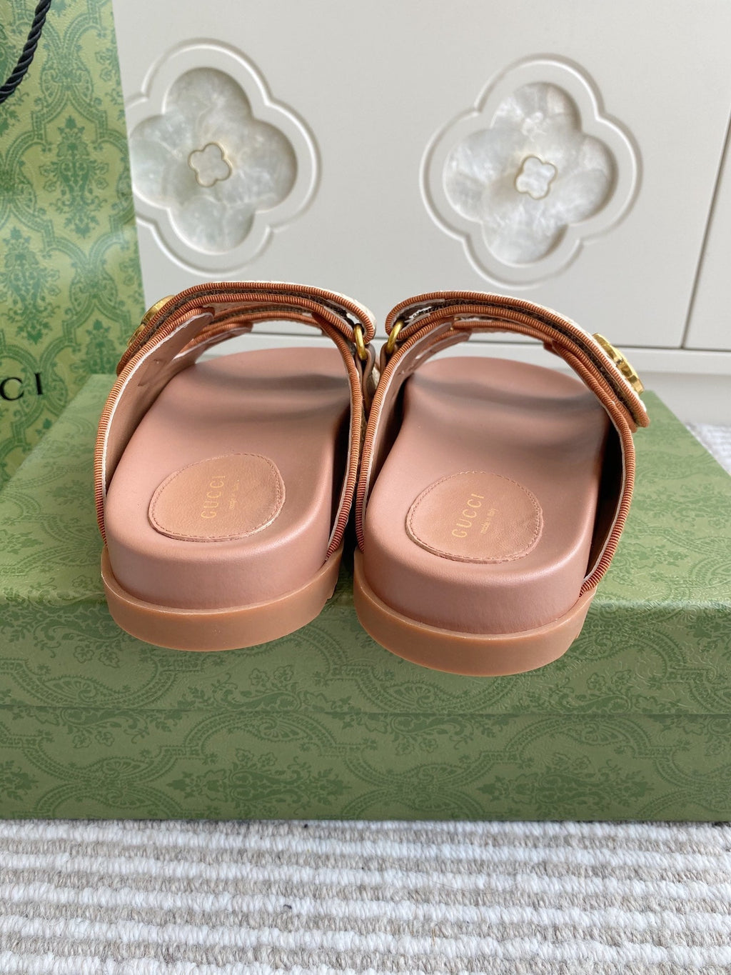 GC sandal with Double G Brown mix Beige Canvas Sheepskin 291016