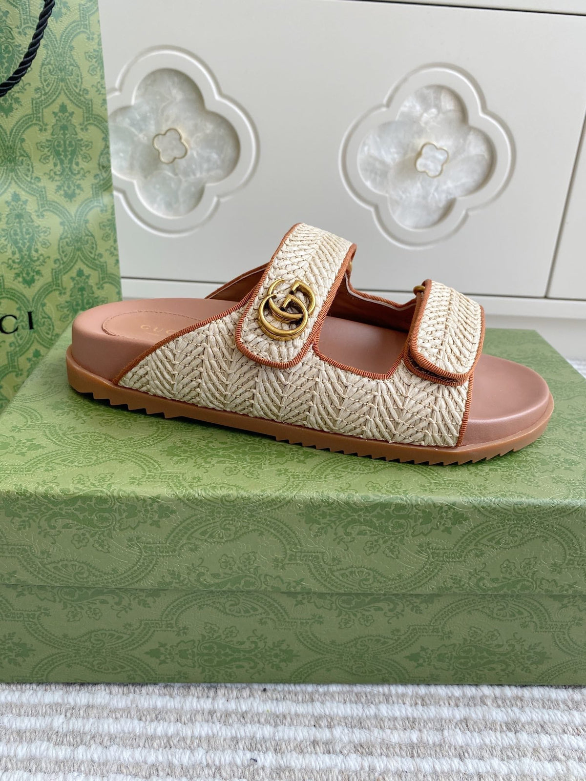 GC sandal with Double G Brown mix Beige Canvas Sheepskin 291016