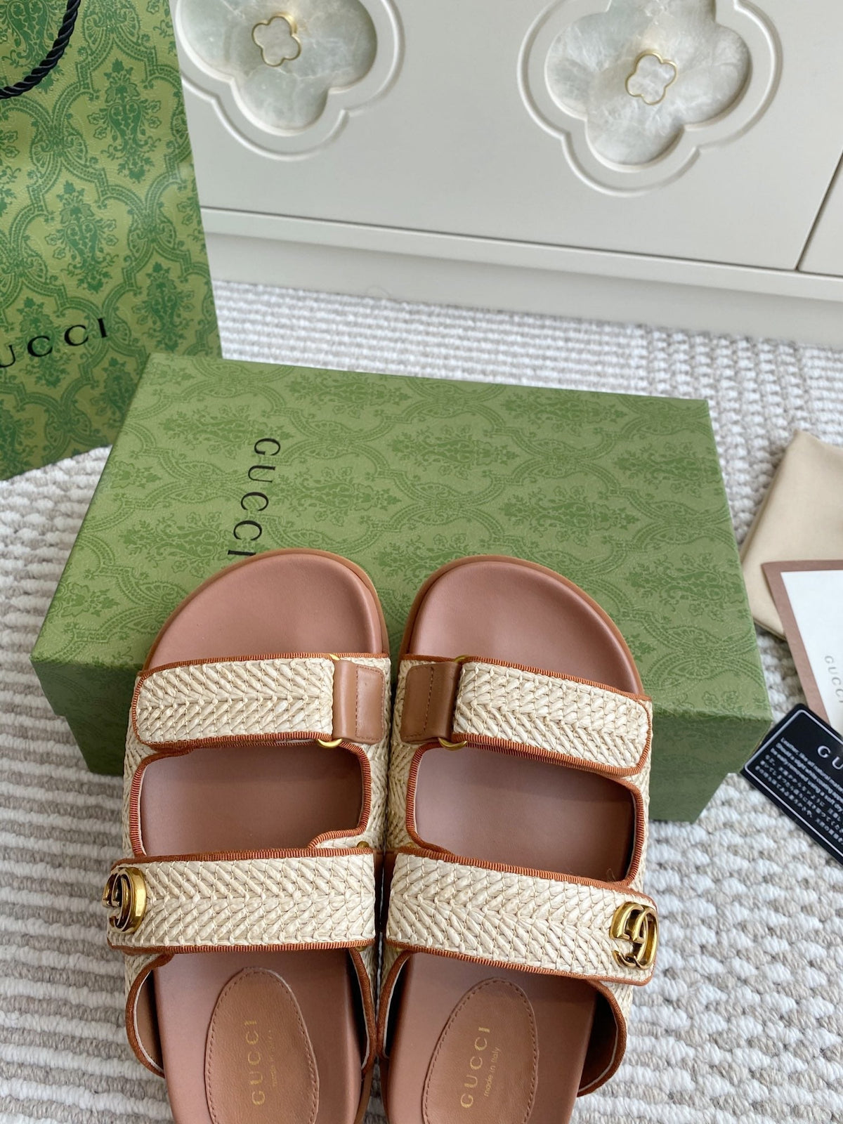 GC sandal with Double G Brown mix Beige Canvas Sheepskin 291016