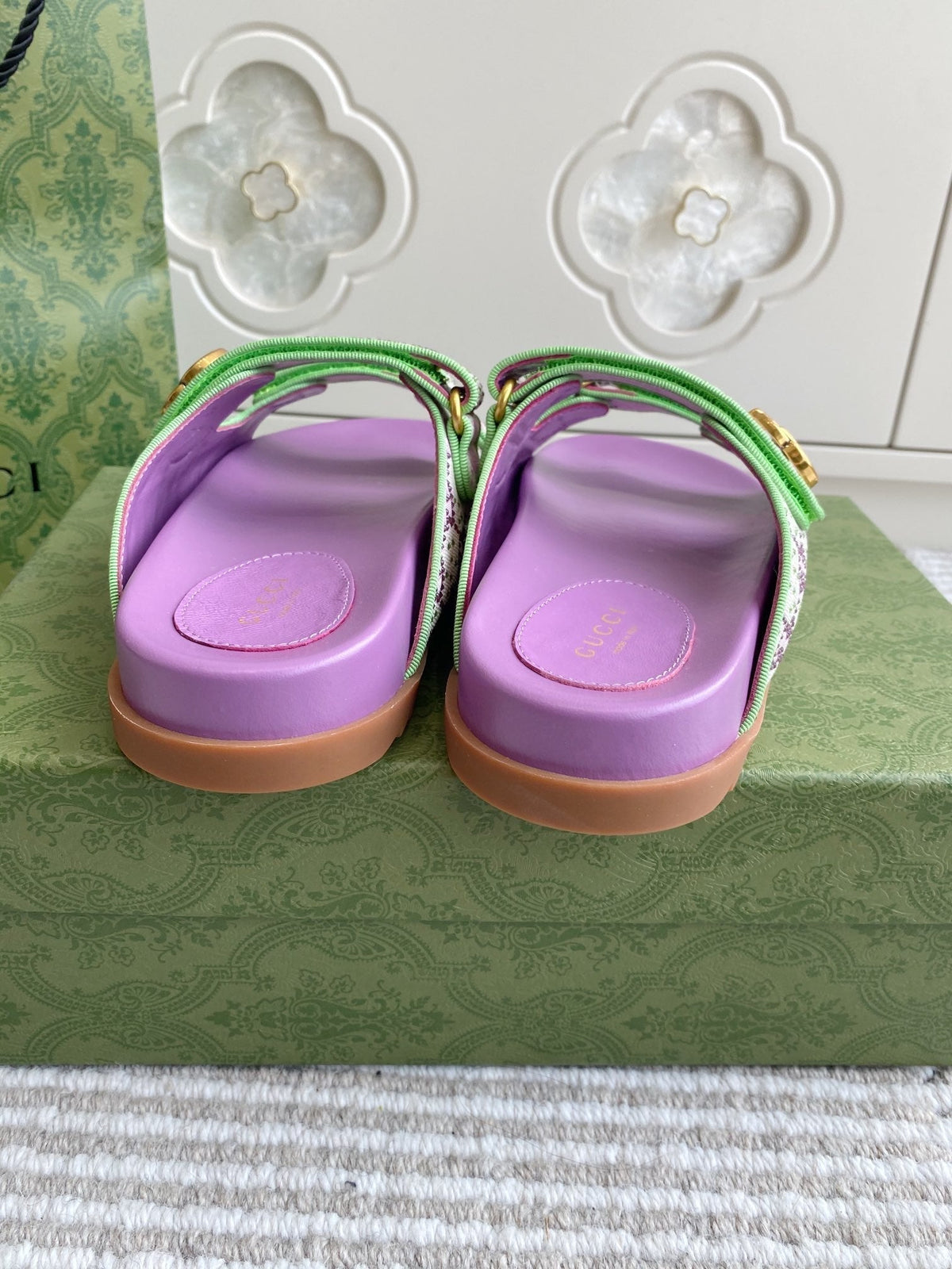 GC sandal with Double G Purple Canvas Sheepskin 291018