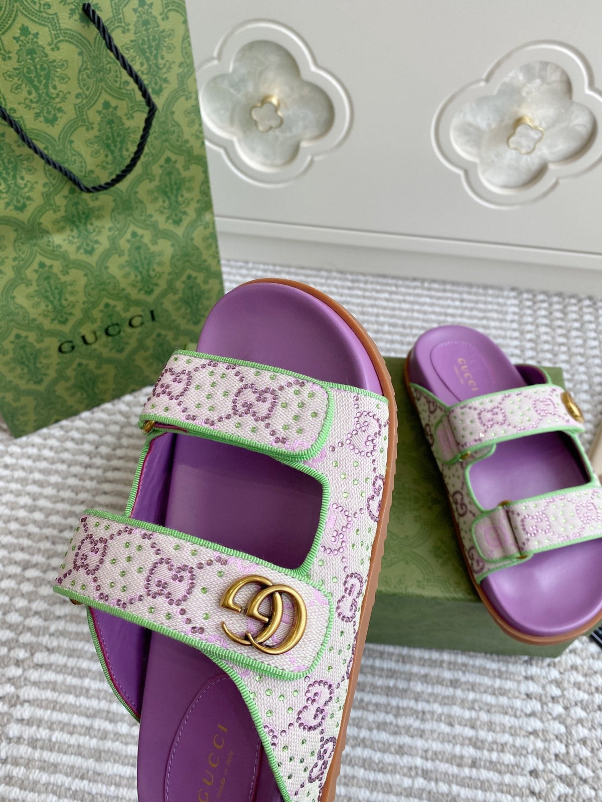 GC sandal with Double G Purple Canvas Sheepskin 291018