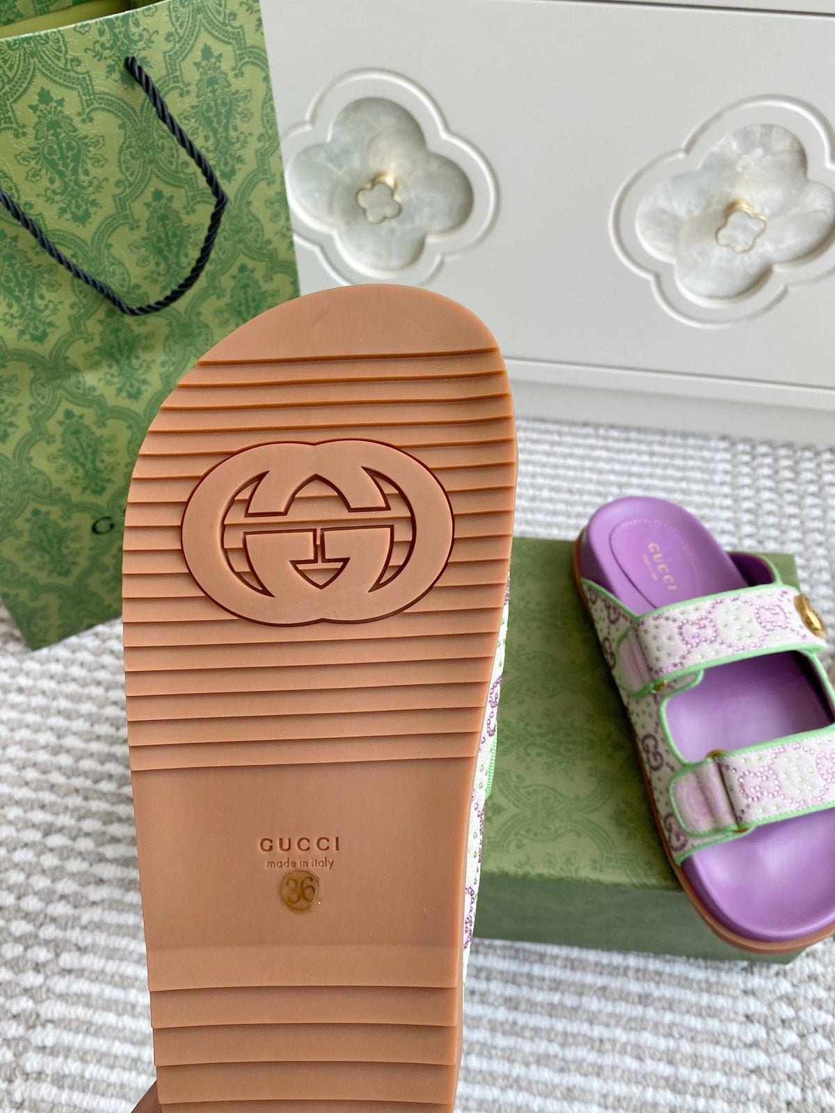 GC sandal with Double G Purple Canvas Sheepskin 291018