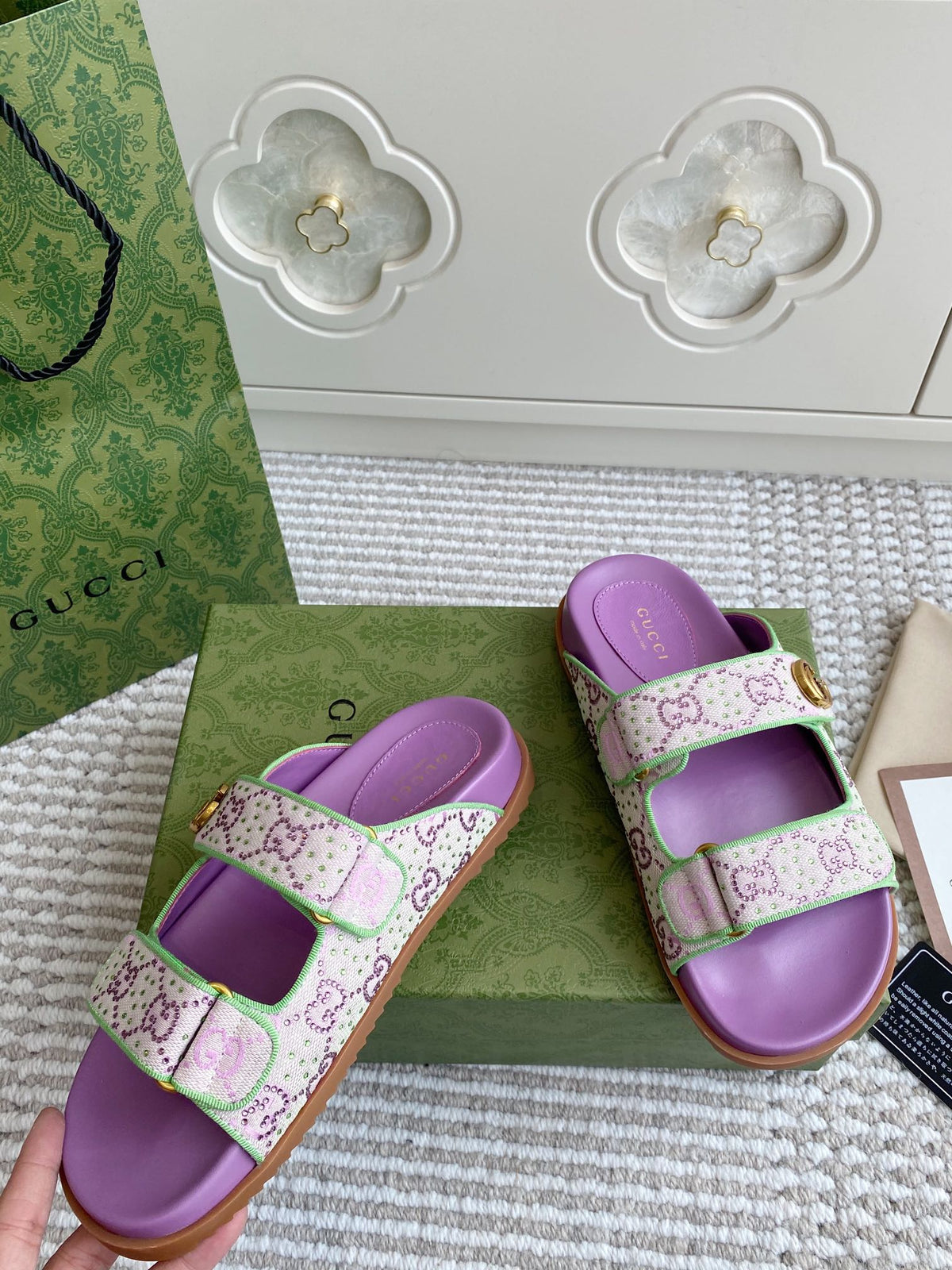 GC sandal with Double G Purple Canvas Sheepskin 291018