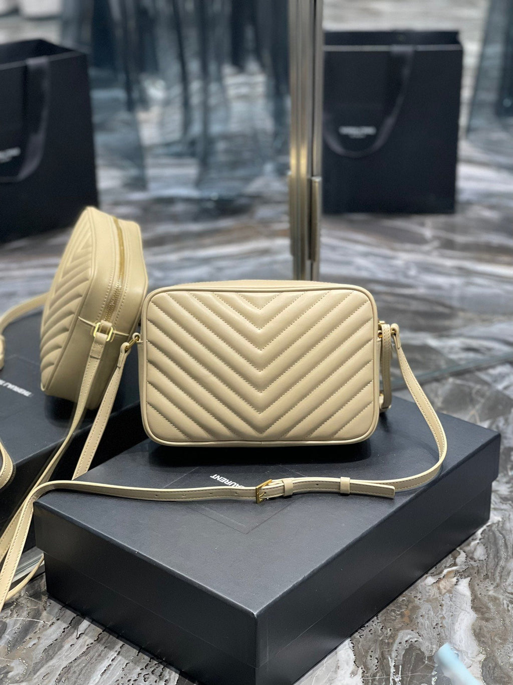 Y Lou Camera Bag Beige With Gold Toned Hardware