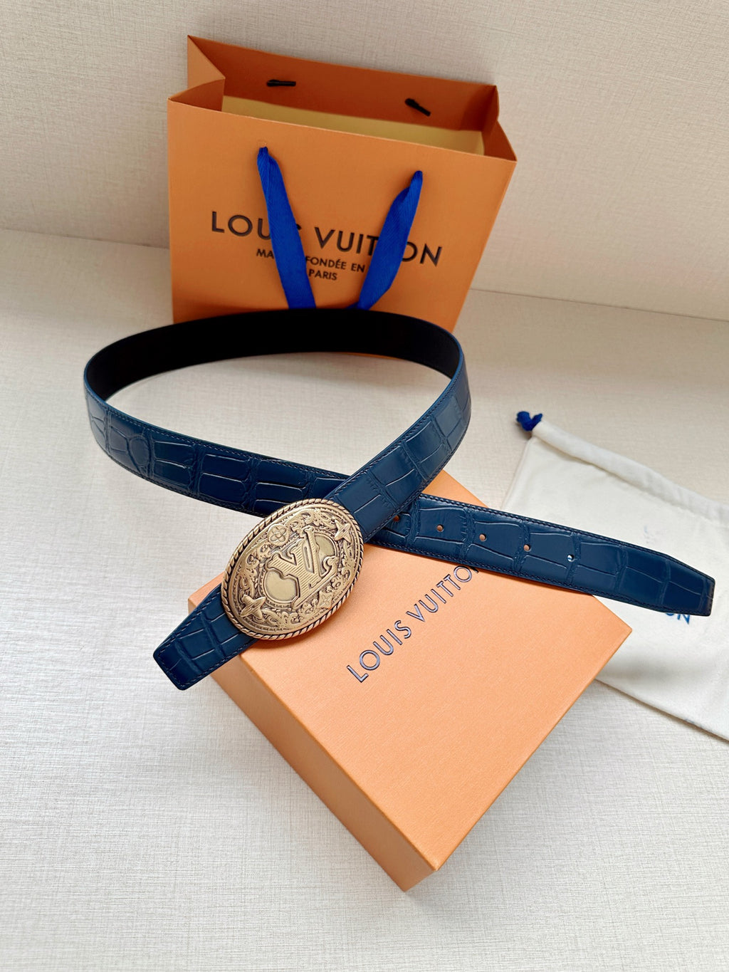 Louis Vuitton LV Western 35MM Reversible Crocodile Leather Belt Blue