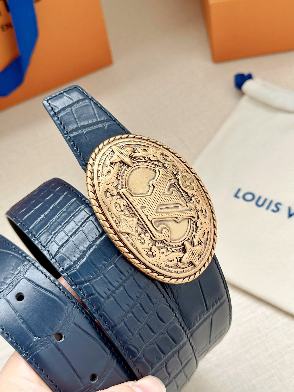 Louis Vuitton LV Western 35MM Reversible Crocodile Leather Belt Blue