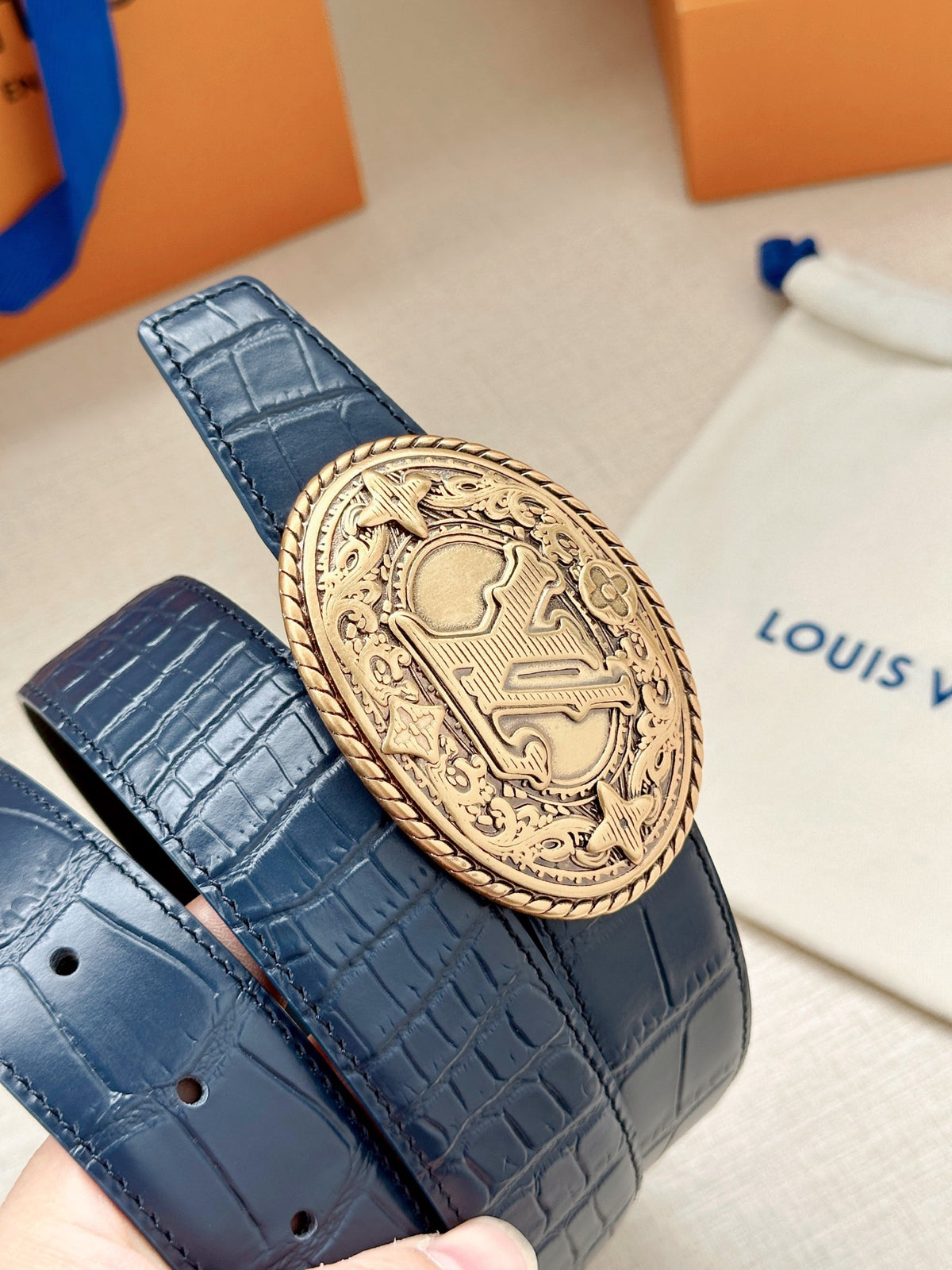 Louis Vuitton LV Western 35MM Reversible Crocodile Leather Belt Blue