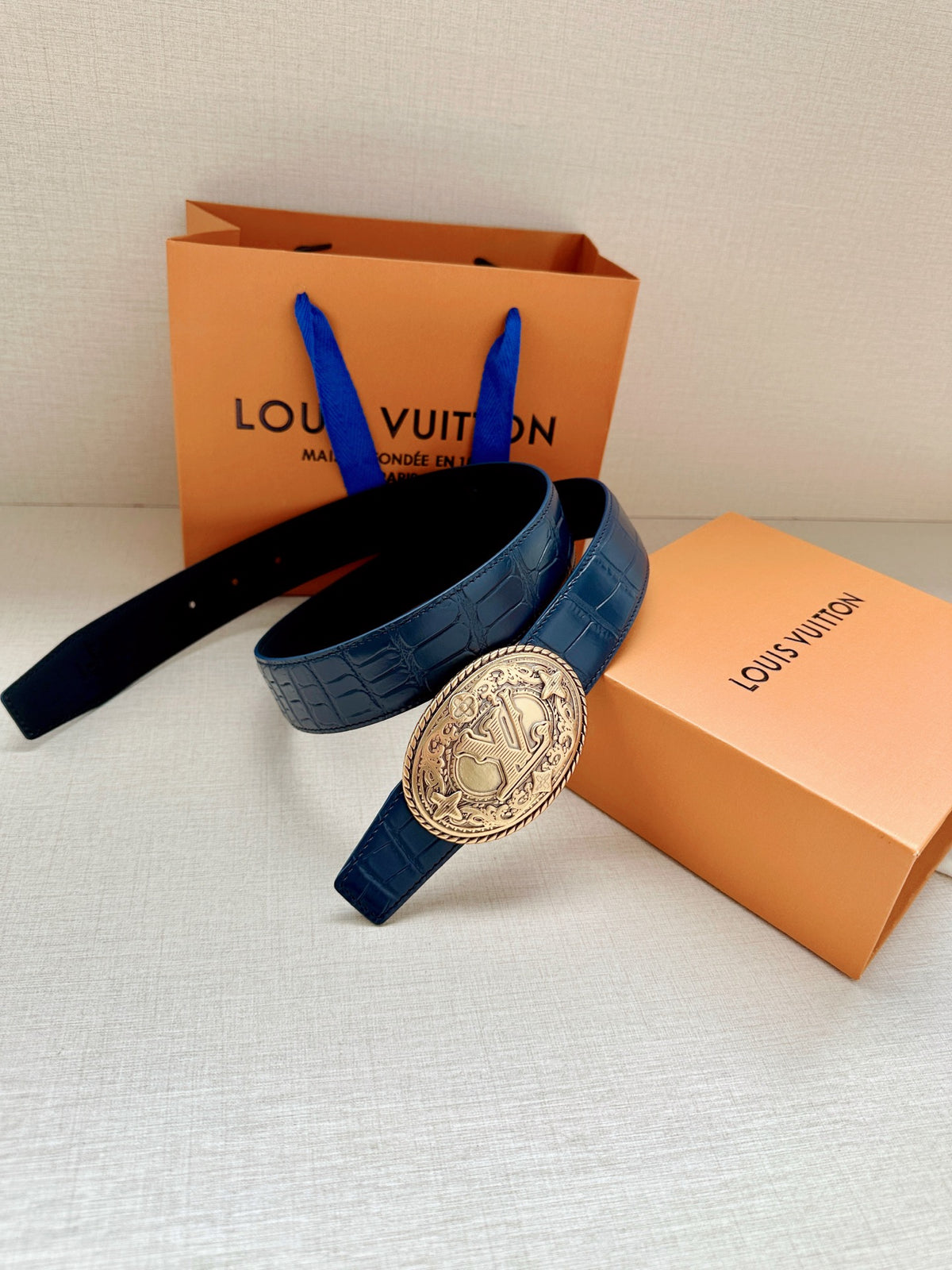 Louis Vuitton LV Western 35MM Reversible Crocodile Leather Belt Blue