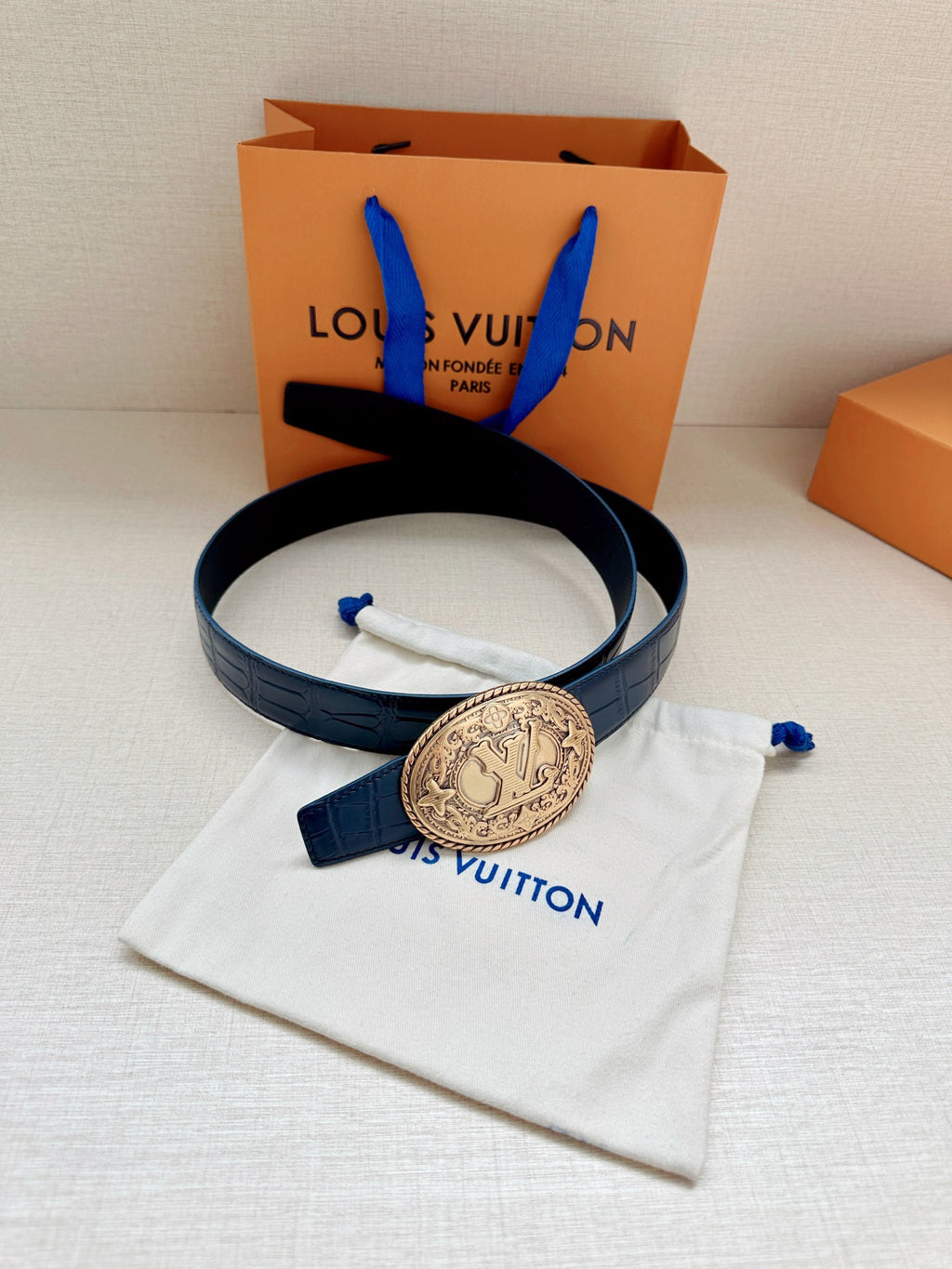 Louis Vuitton LV Western 35MM Reversible Crocodile Leather Belt Blue