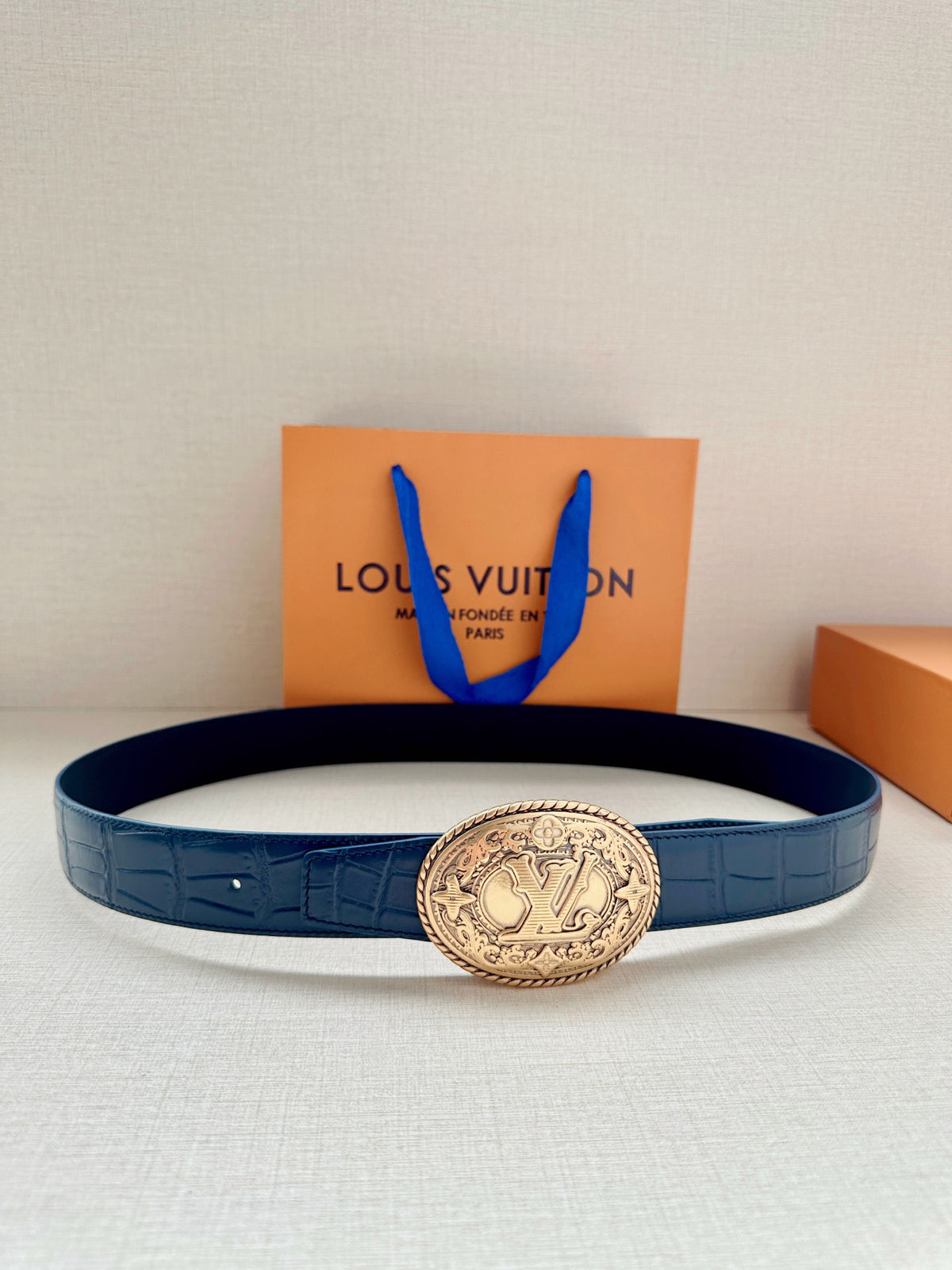 Louis Vuitton LV Western 35MM Reversible Crocodile Leather Belt Blue