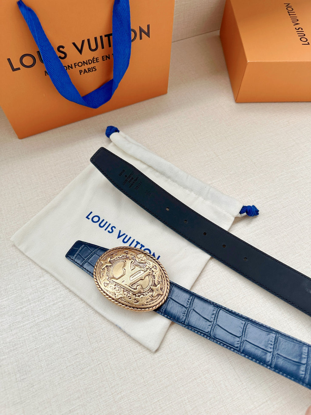 Louis Vuitton LV Western 35MM Reversible Crocodile Leather Belt Blue