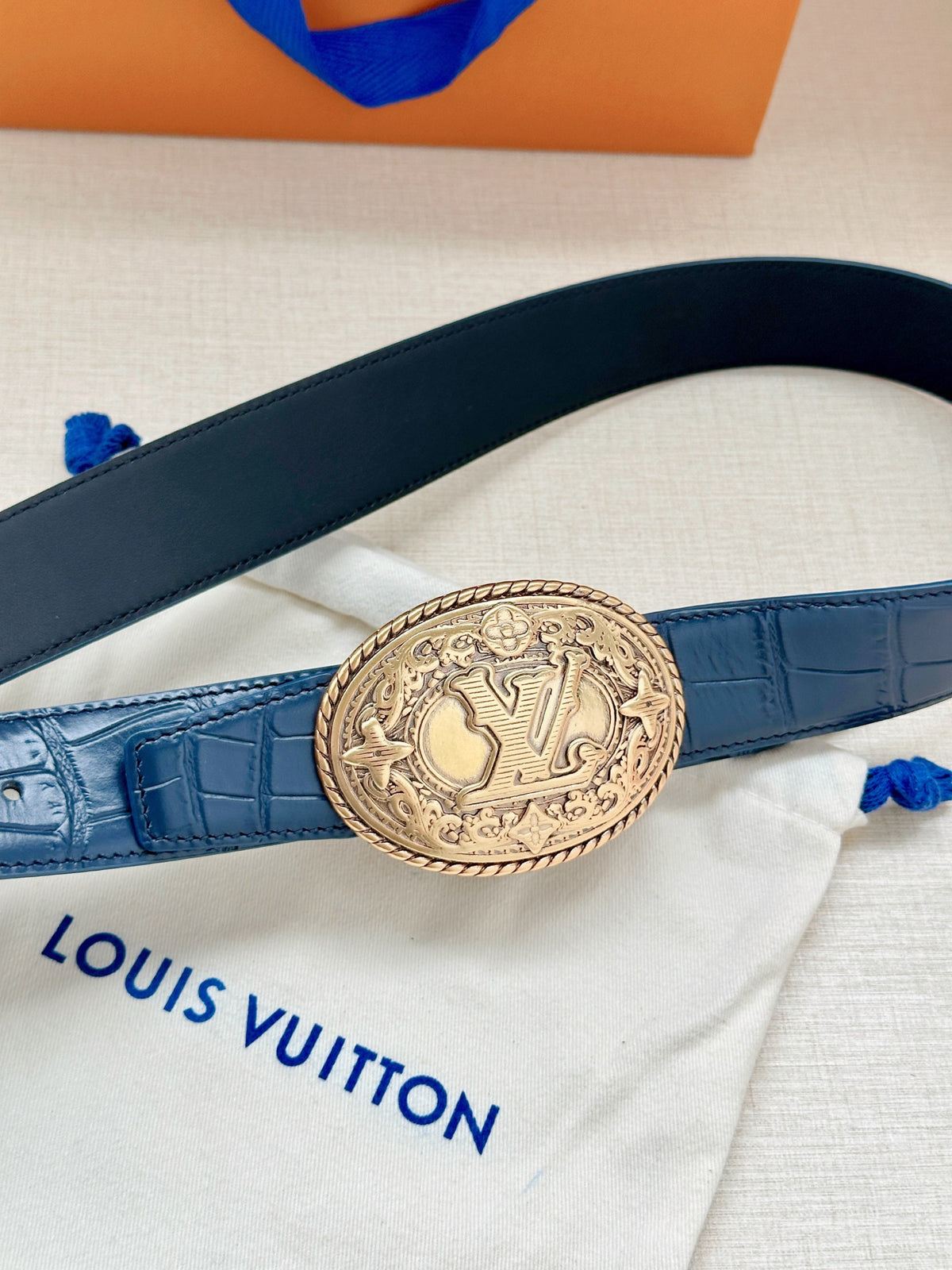 Louis Vuitton LV Western 35MM Reversible Crocodile Leather Belt Blue
