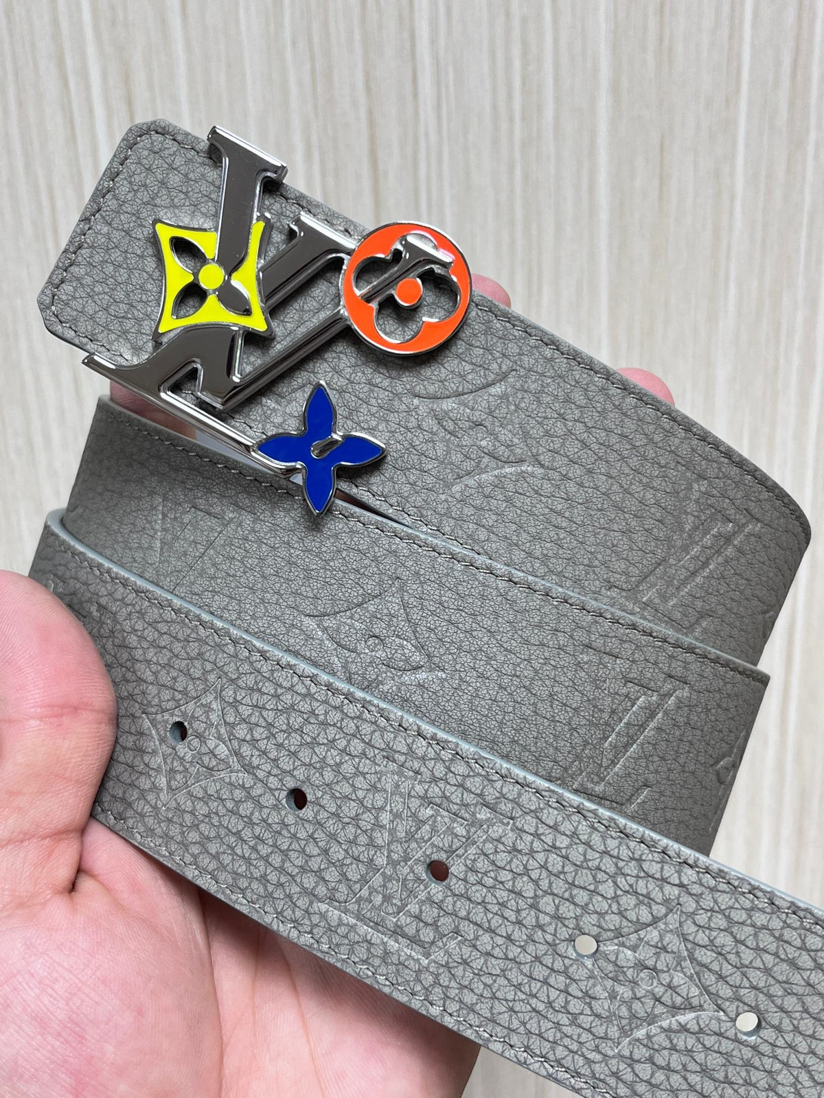 Louis Vuitton LV Initiales 40MM Reversible Belt Grey Blue Patchwork Monogram