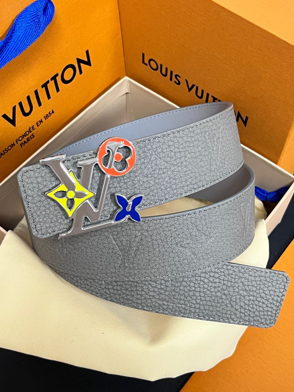 Louis Vuitton LV Initiales 40MM Reversible Belt Grey Blue Patchwork Monogram