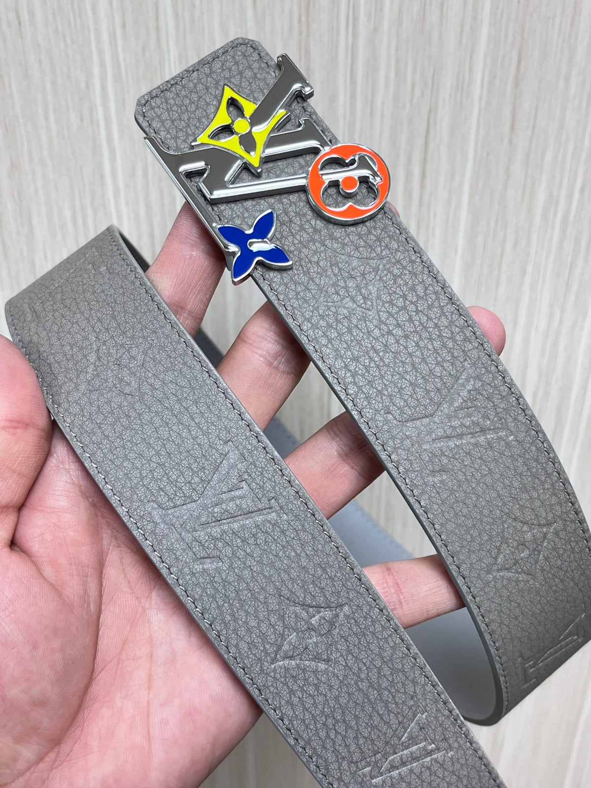 Louis Vuitton LV Initiales 40MM Reversible Belt Grey Blue Patchwork Monogram