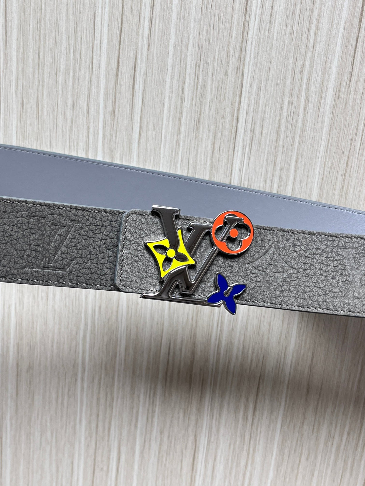 Louis Vuitton LV Initiales 40MM Reversible Belt Grey Blue Patchwork Monogram