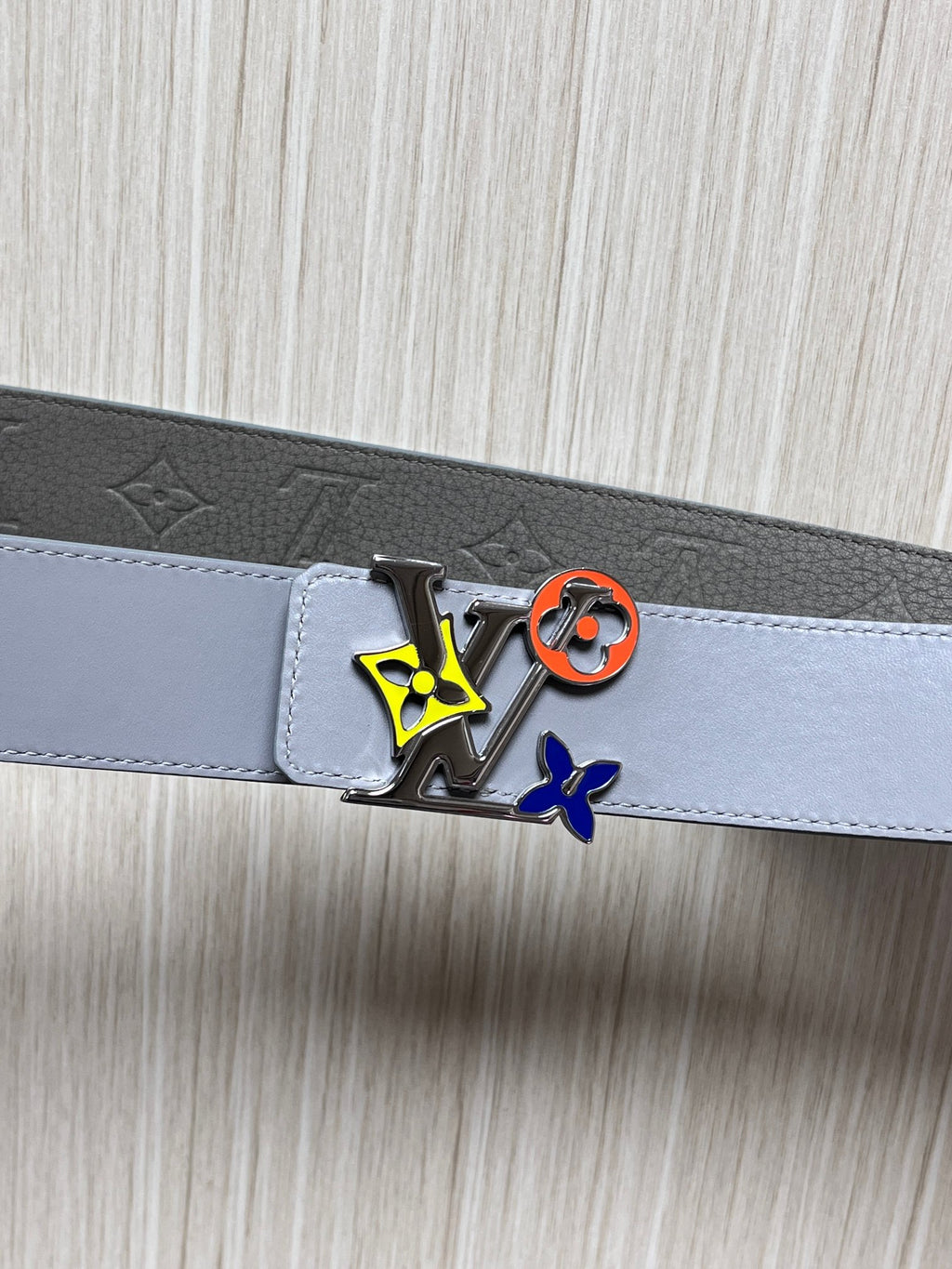Louis Vuitton LV Initiales 40MM Reversible Belt Grey Blue Patchwork Monogram
