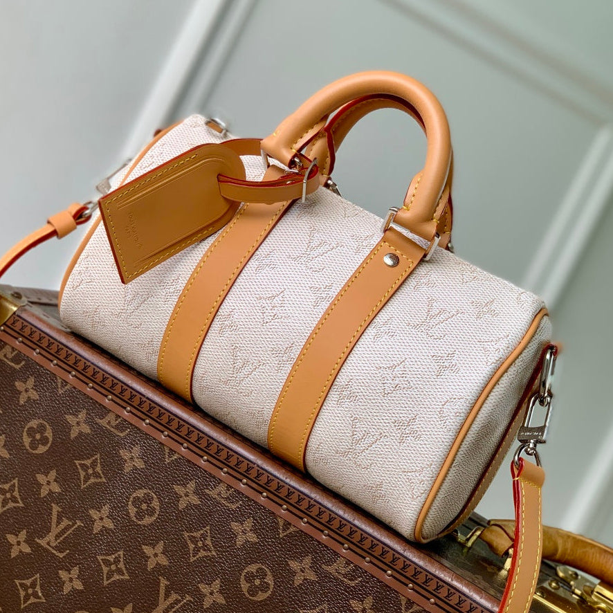 LV 2025 Keepall Bandoulière 25 Off-white mix Camel Canvas Leather 347090