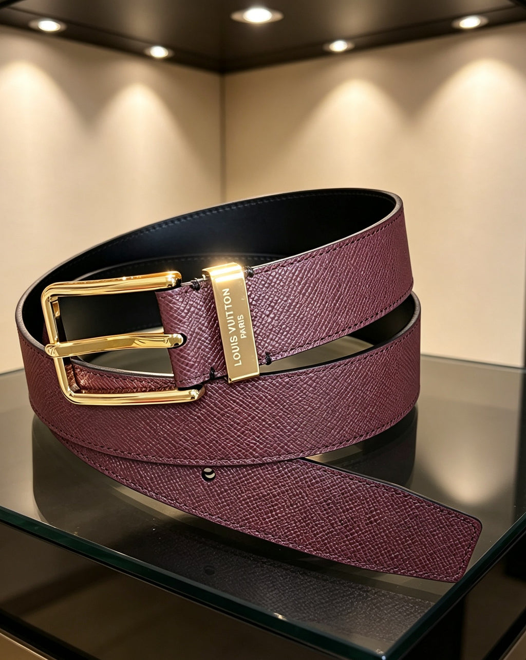 Louis Vuitton Ceinture Classique Taiga Bordeaux Gold Buckle 35mm