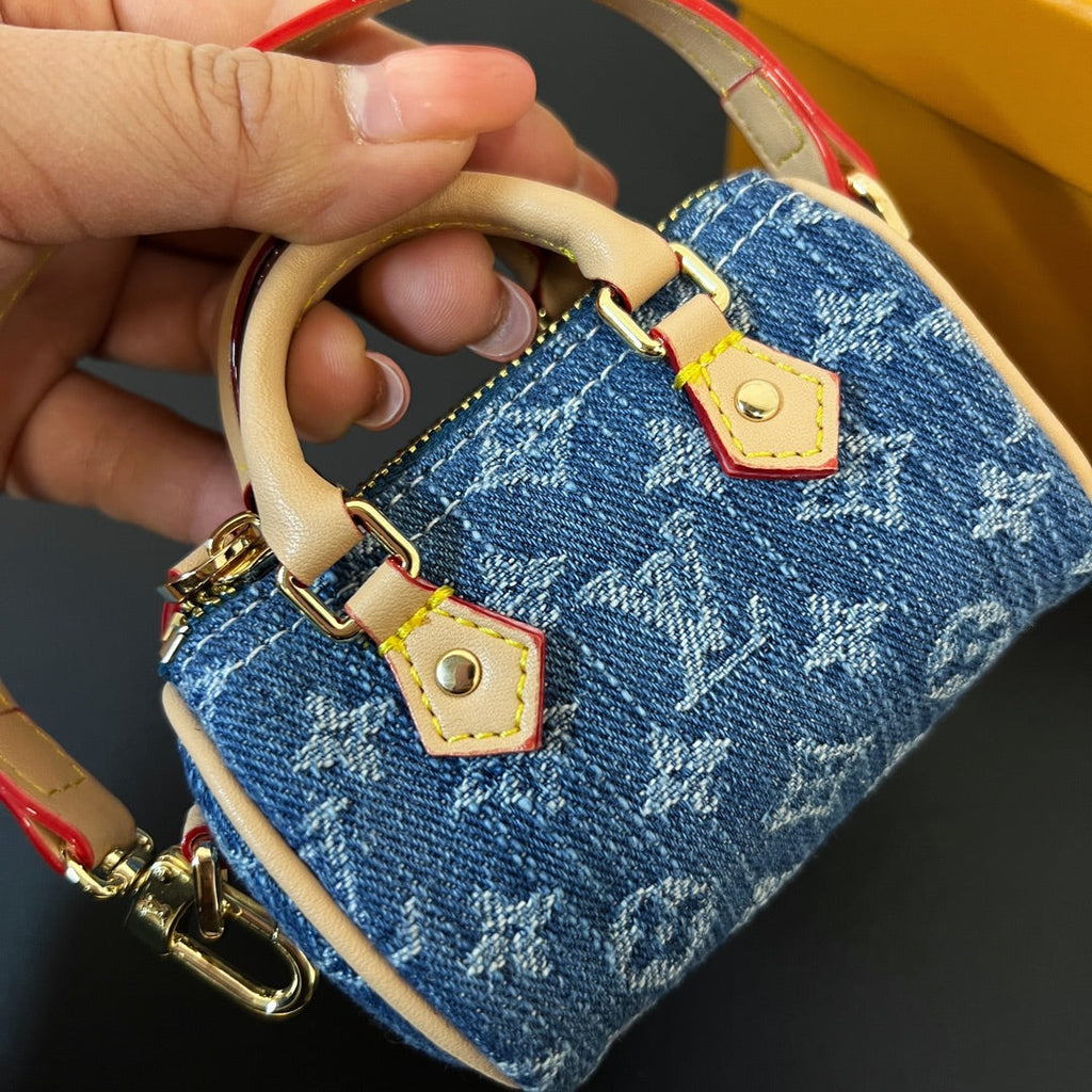 LV Micro Speed Bag Charm Blue Beige Canvas Leather