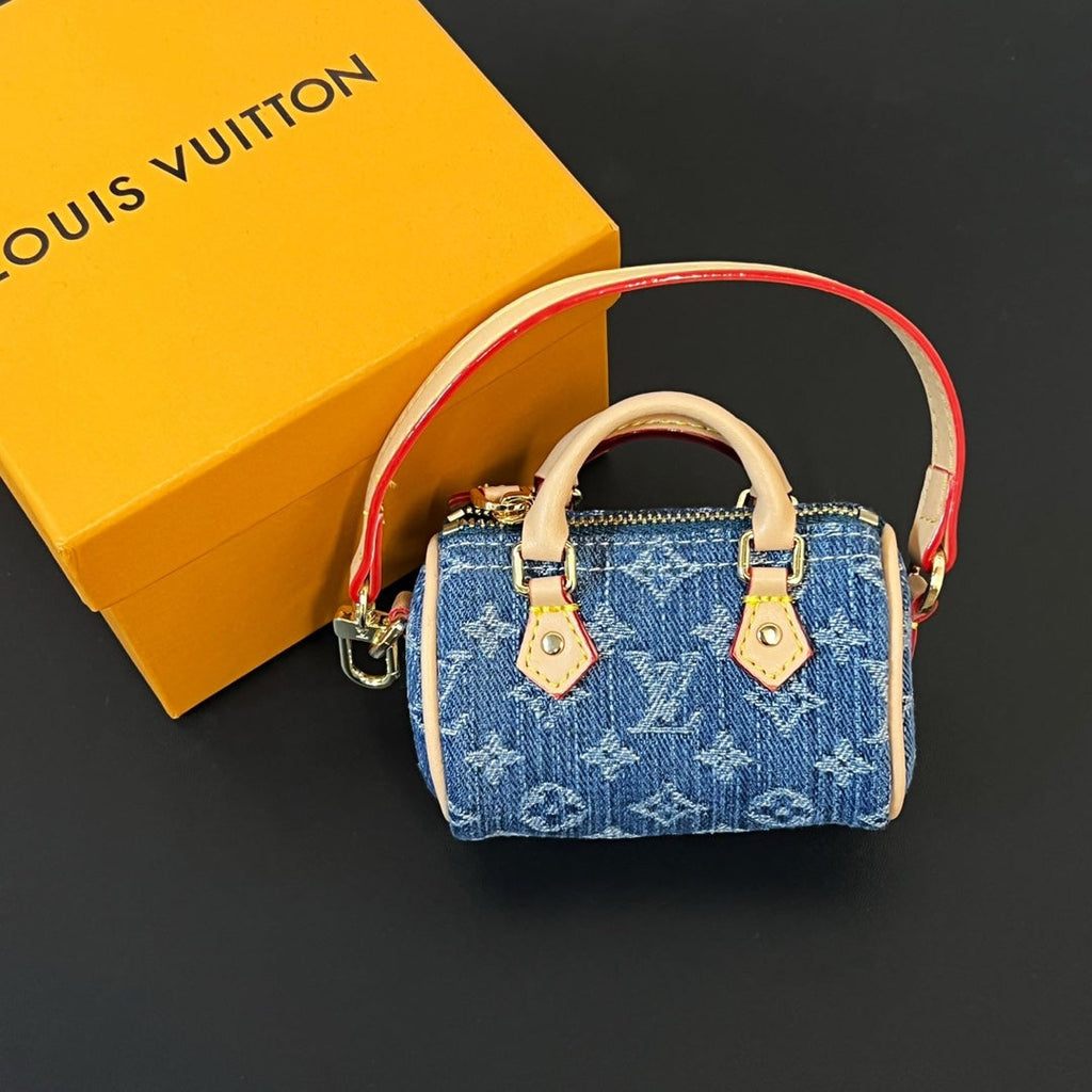 LV Micro Speed Bag Charm Blue Beige Canvas Leather