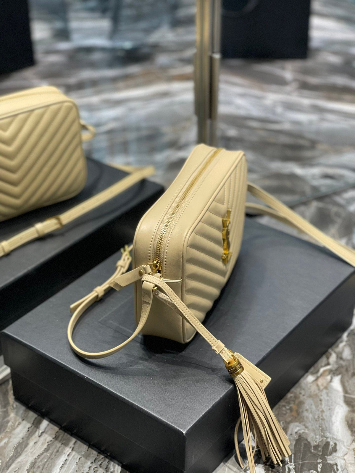 Y Lou Camera Bag Beige With Gold Toned Hardware