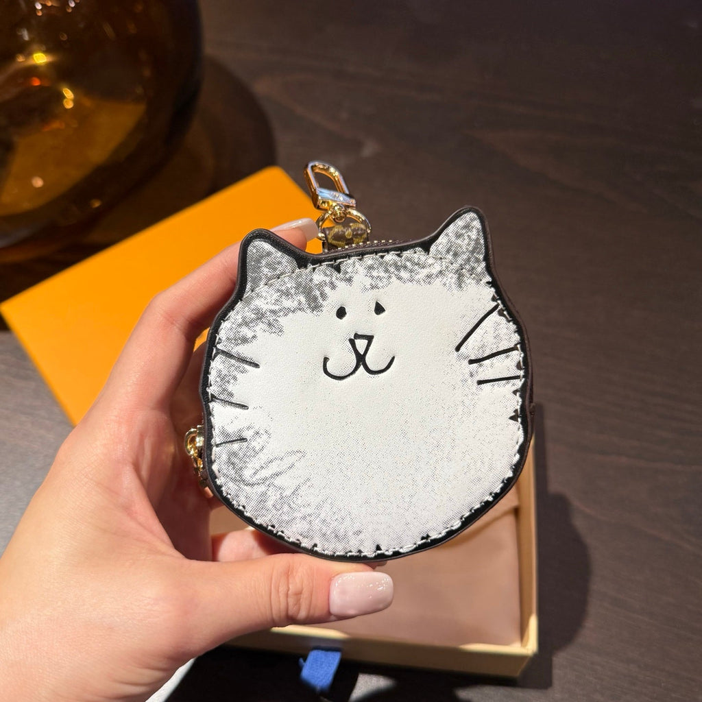 LV Monogram Kitty Coin Purse Charm White Brown Leather Canvas