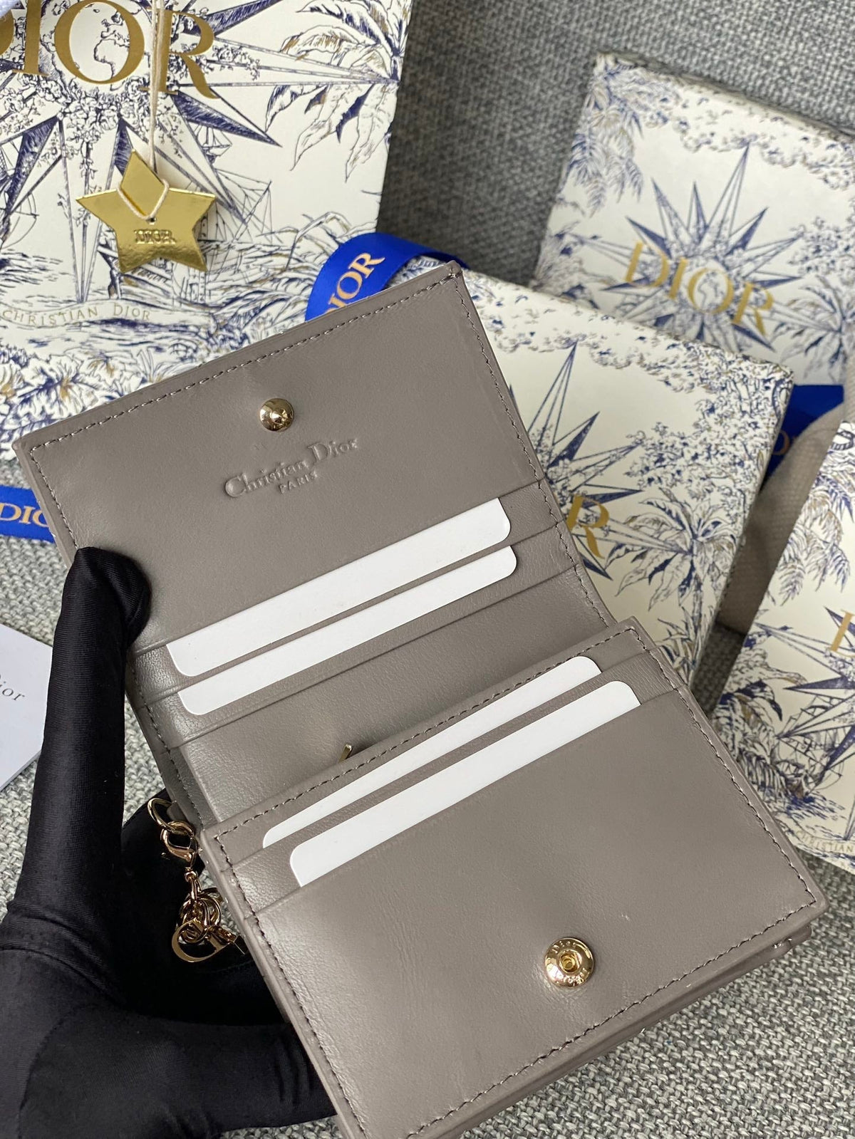 CD Caro 11cm Compact Wallet Shiny Grey Calfskin