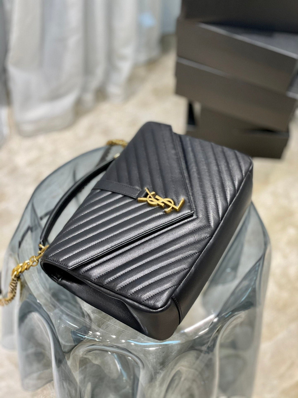 Y College Large Chain Bag Black With Gold Hardware